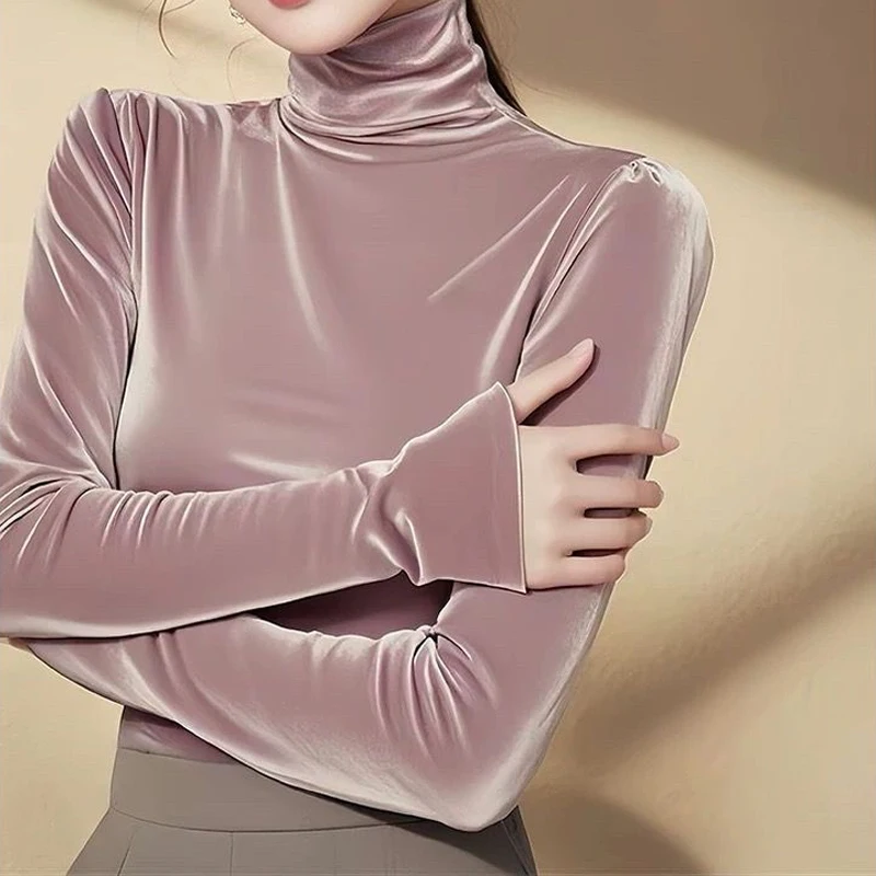 높은 목 슬림 단순 우아한 Bottoming 셔츠 가을 겨울 긴 소매 패션 T 셔츠 탑 기질 한국 여성 의류